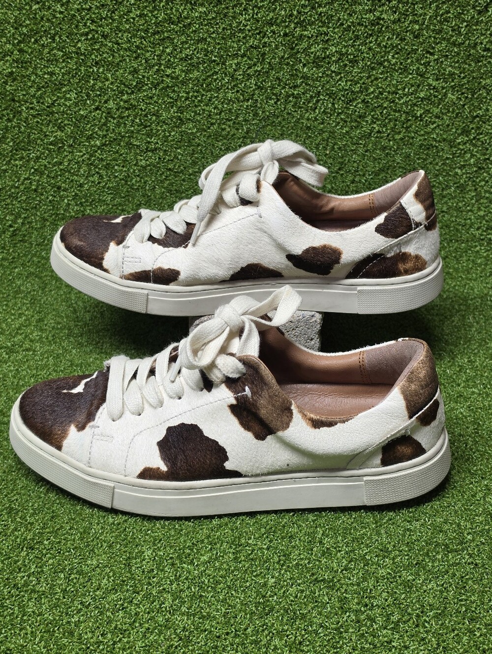 FRYE Ivory Brown Cow Print Real Fur  Lace Up Sneakers Women's Size 6M